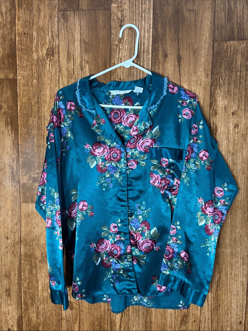 Partners Teal Floral Satin Button-Down With Matching Pants